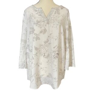 Chico's White and‎ Gray Floral Tunic w/Sparkly V-Neck & Arm Bands